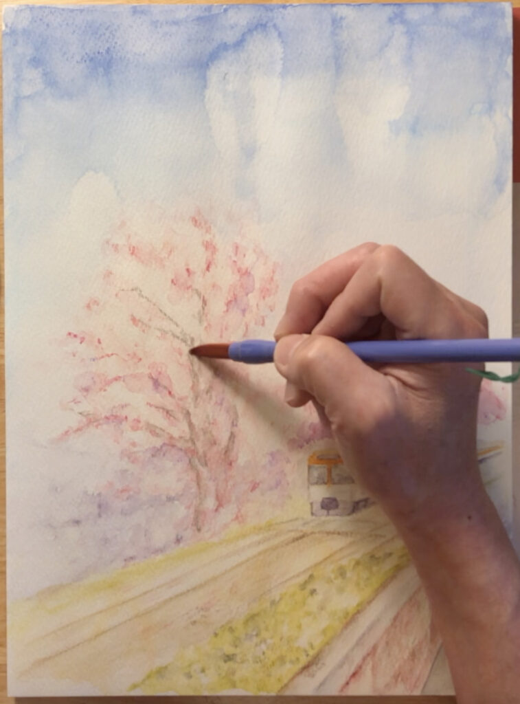 水彩画＆水彩色鉛筆の使い方】桜吹雪の中を走る井の頭線を水彩色鉛筆で 