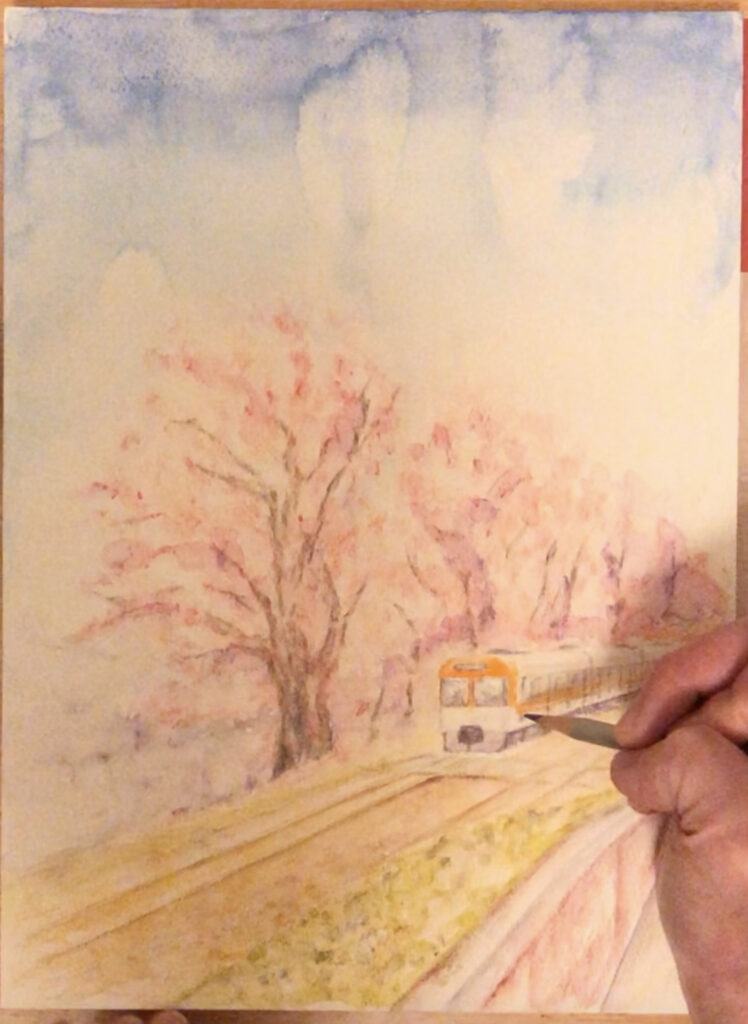 桜の下を走る列車の絵