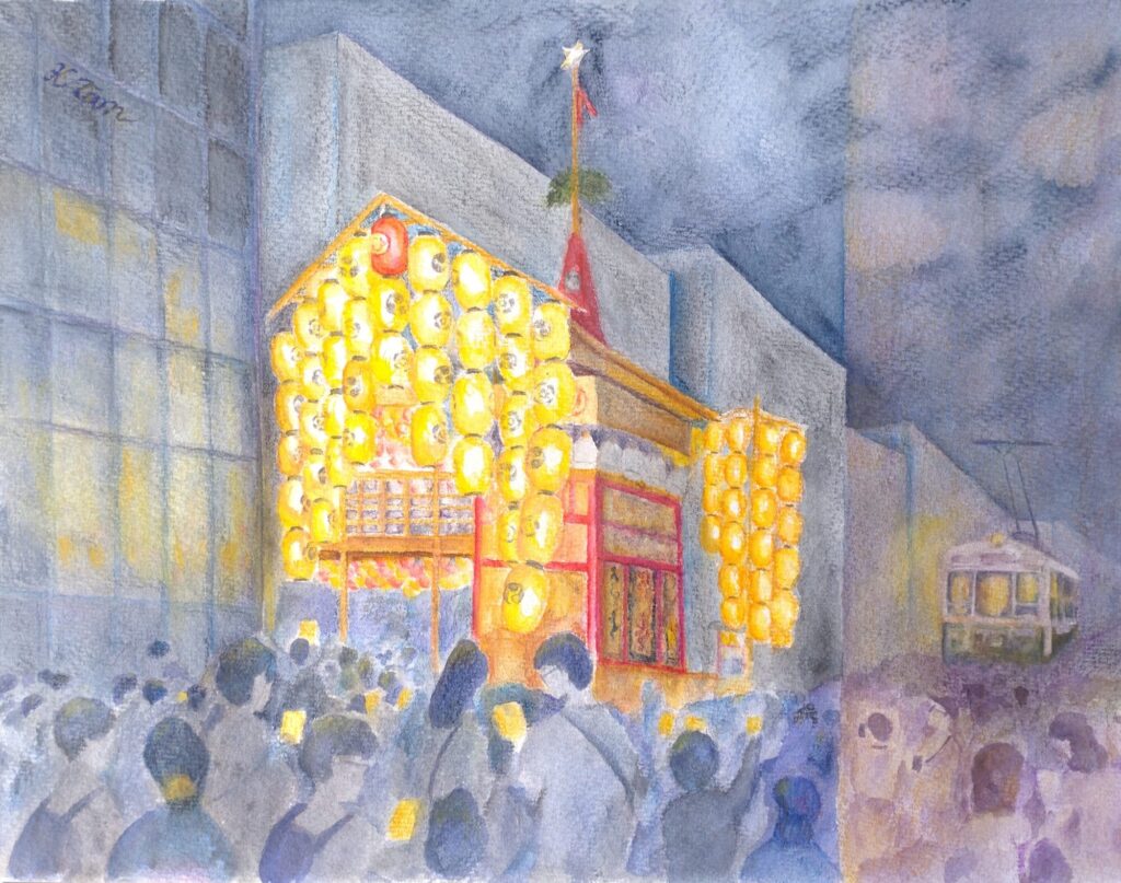 水彩色鉛筆で描いた夜の祇園祭の風景